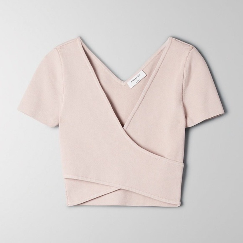 Aritzia Babaton Sculpt Knit Cross Front Top Light Pink Rib Cropped Short Sleeve